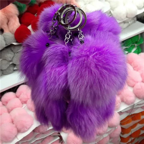 Милый пушистый бантик, брелок с лисьим шариком, кольца с помпоном, настоящий Лисий мех, брелок, брелок для автомобиля, сумка, брелок для ключей, Женские Ювелирные изделия - Цвет: Purple