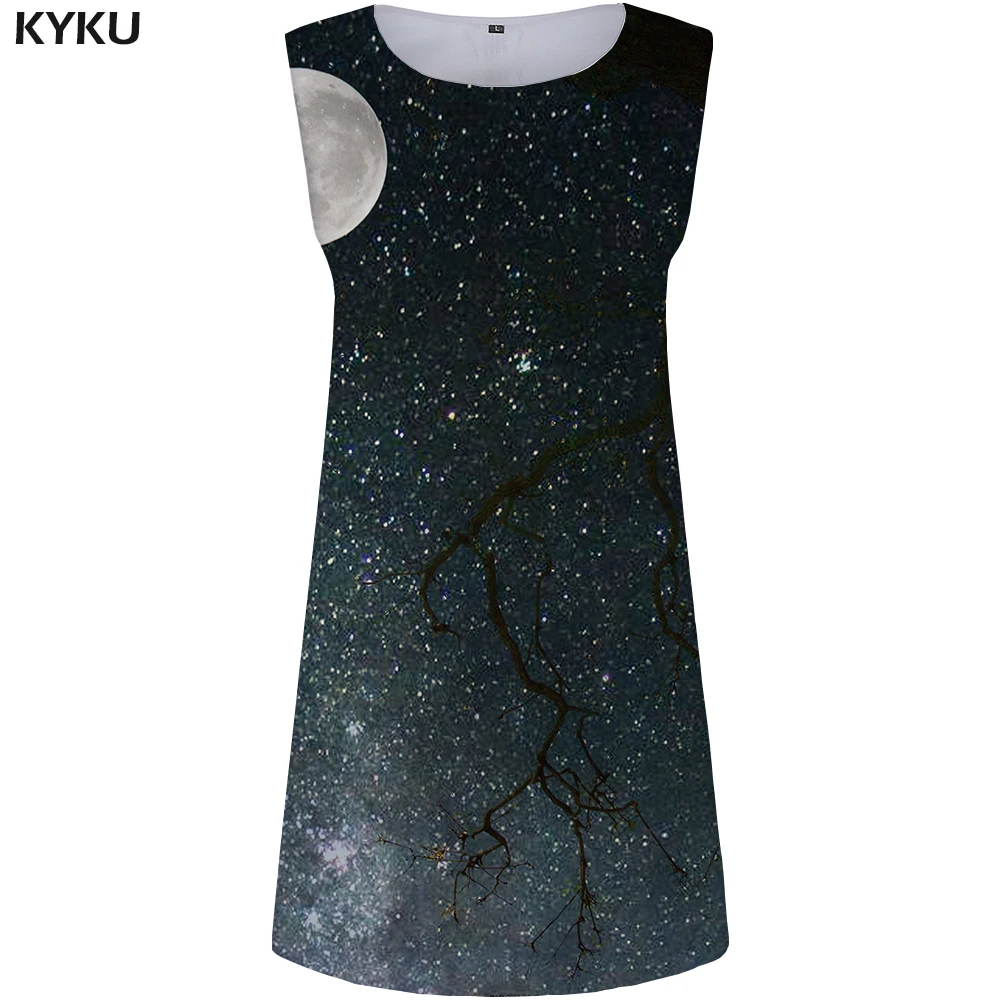

KYKU Galaxy Dress Women Moon Tree Sundress Tank Gray 3d Dress Print Boho Casual Womens Clothing Ladies Dresses Sleeveless Tunic