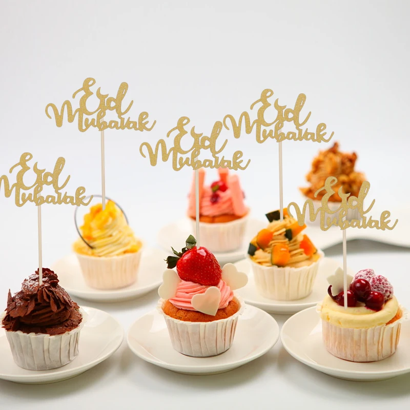 

5pc/lot Glitter Paper Eid Mubarak Cake Toppers Cupcake Toppers Party Decoration Gold Silver Cupcake Flags Cake Decor Supplies