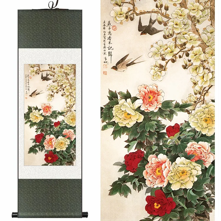 

Chinese silk watercolor flower and birds ink magnolia rich peony parrot feng shui canvas wall picture framed scroll painting