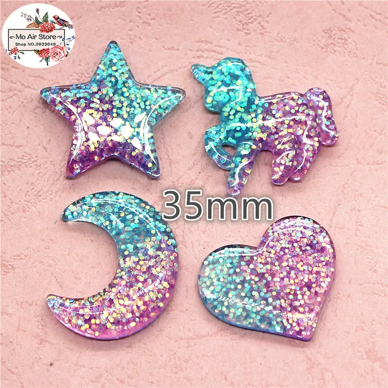 10pcs/20pcs star/unicorn/heart/Crescent Bright powder shiny Resin Flackback Cabochon Art Supply Decoration Charm Craft