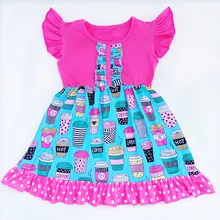 Платье с рисунком кофе для девочек новое летнее платье с принтом для девочек детские летние платья с розовым синим жемчугом