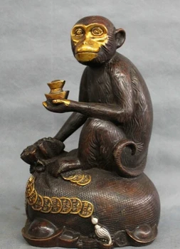 

AA 002088 11" Chinese Bronze Folk Year Zodiac Monkey On Bag Wealth Coin YuanBao Statue