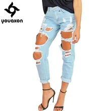 1879 Youaxon женские Рваные дыры бойфренда со средней талией, синий светильник, настоящие джинсовые капри для женщин, рваные джинсы