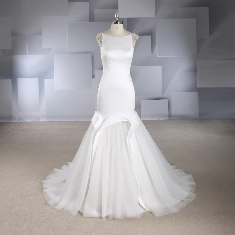 

Rosabridal Mermaid Wedding Dress 2018 Elegant boat neck Beading Cap Sleeves backless Satin bodice tulle skirt Bridal Gown