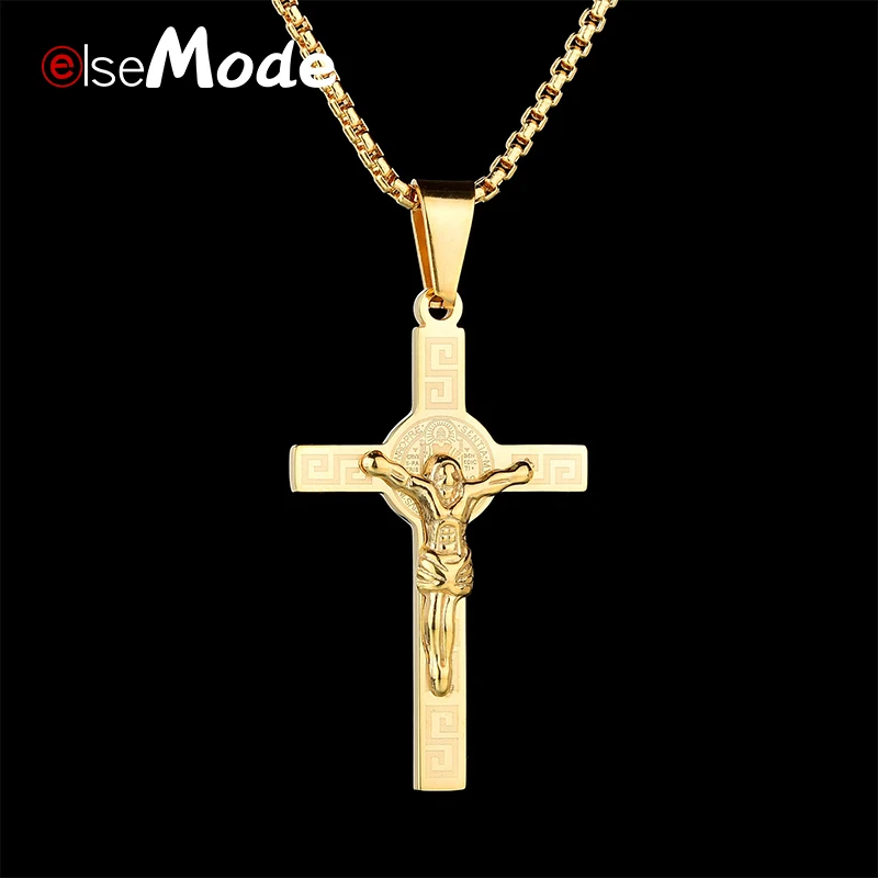 

ELSEMODE Cross Necklace Crucifix Jesus Pendant Necelaces for Female Male Gold Color Stainless Steel Men Chain Christian Jewelry