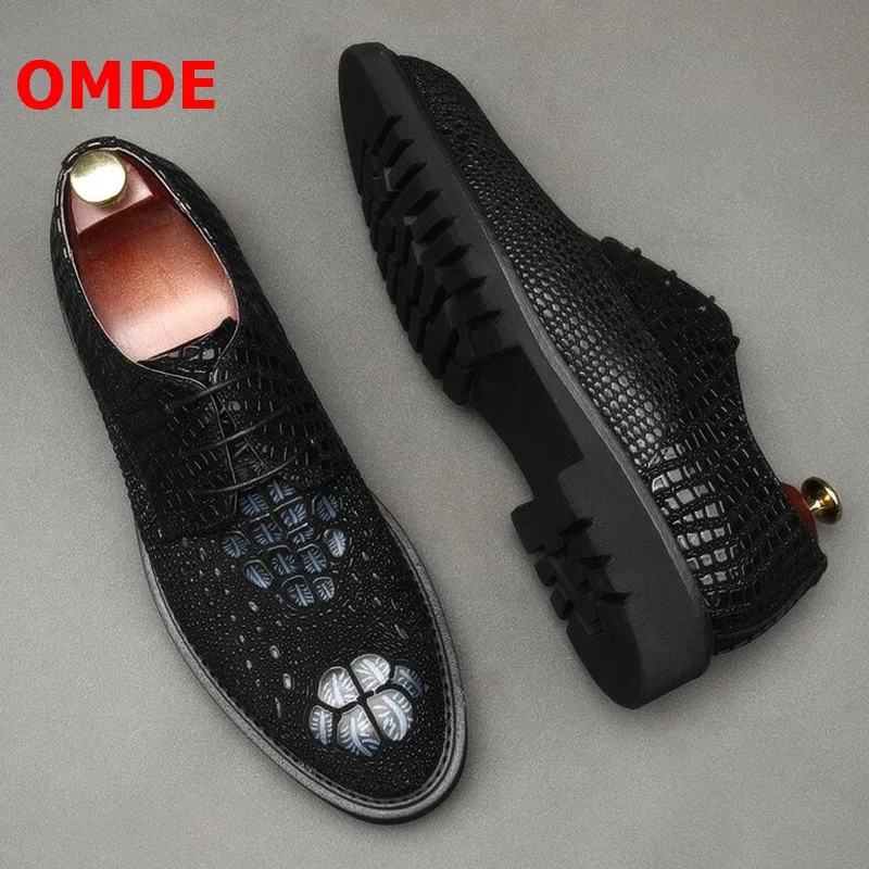 

OMDE Luxury Fashion Round Toe Lace-up Derby Men Dress Shoes Embossed Genuine Leather Formal Shoes Business Office Shoes
