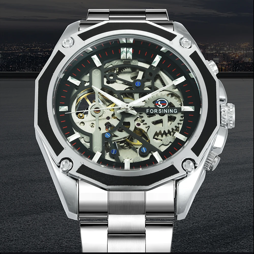 

FORSINING Steampunk Automatic Mechanical Watch Men Stainless Steel Strap 3D Skeleton Classic Dress Mens Watches Top Brand Luxury