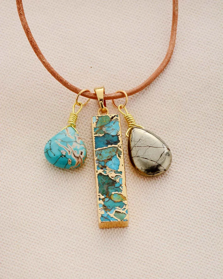 Natural Stone Pendant Necklaces Pyrite Turquoises Charm Necklace Women New Fashion Leather Necklaces Jewelry