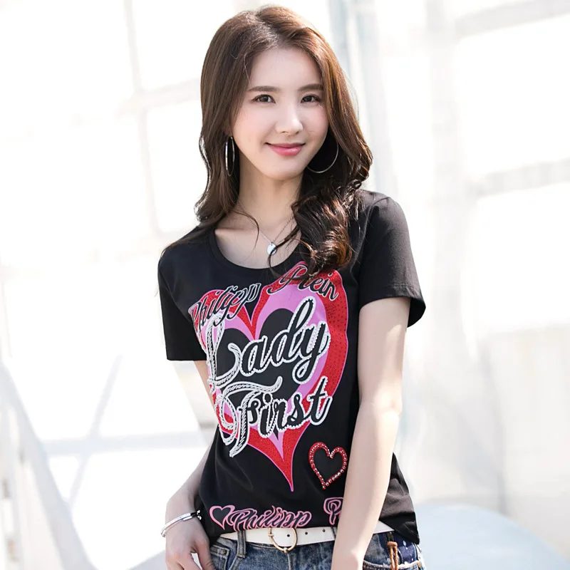 New Arrival 2018 Summer Women's Fashion Slim O Neck Short Rhinestone Heart Letter Printing T Shirt Tops Ladies Geometric Shirts Tops
