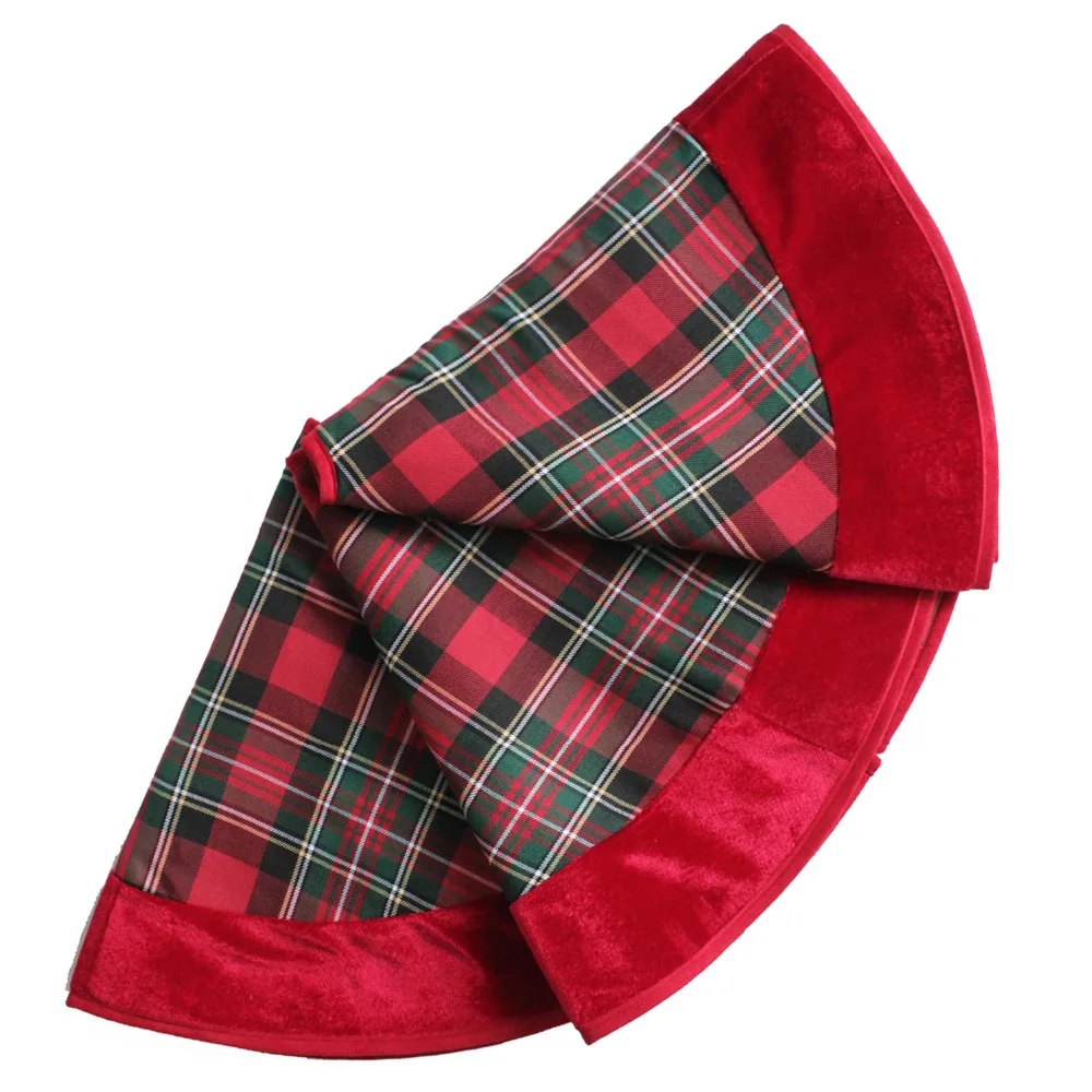 Free Shipping 36"/50" Red Plaid Christmas Tree Skirt Velvet Border Red