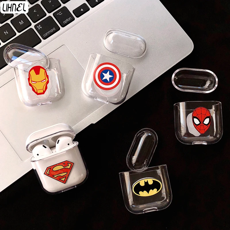 

Cool Superman Spiderman Batman Captain Ironman Hero Case for Airpods Wireless Bluetooth Headphone Clear PC Transparent Bags