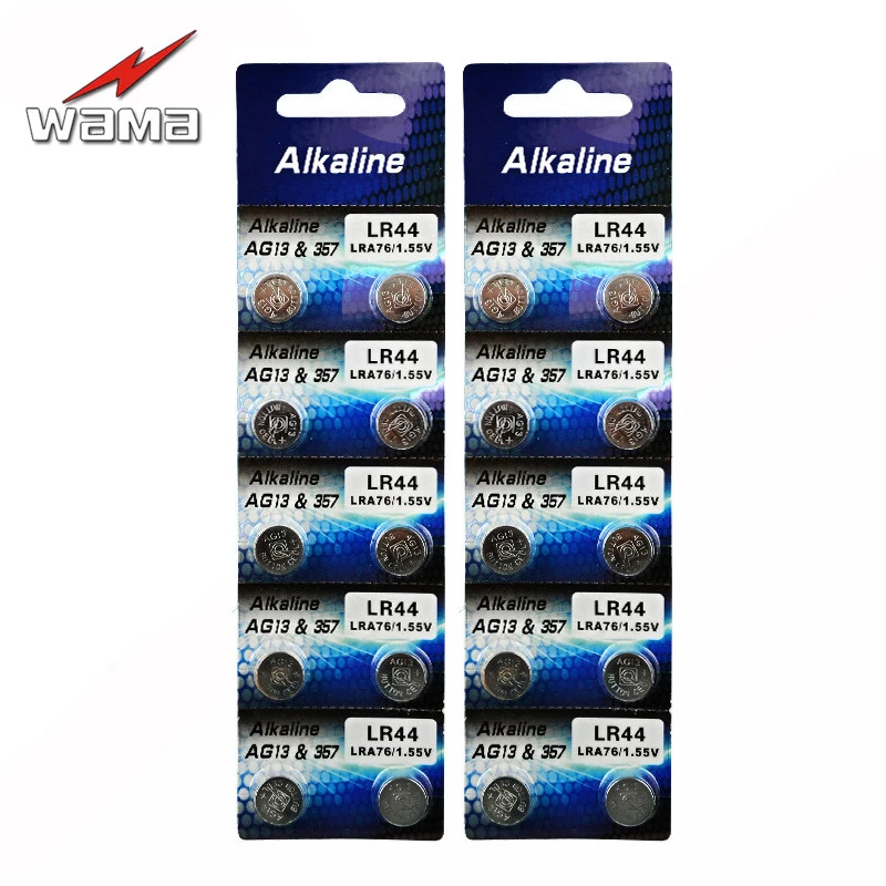20x Wama AG13 щелочные монетные батареи 357A LR44 LRA76 L1154 1 5 в Кнопочная батарея для цветной