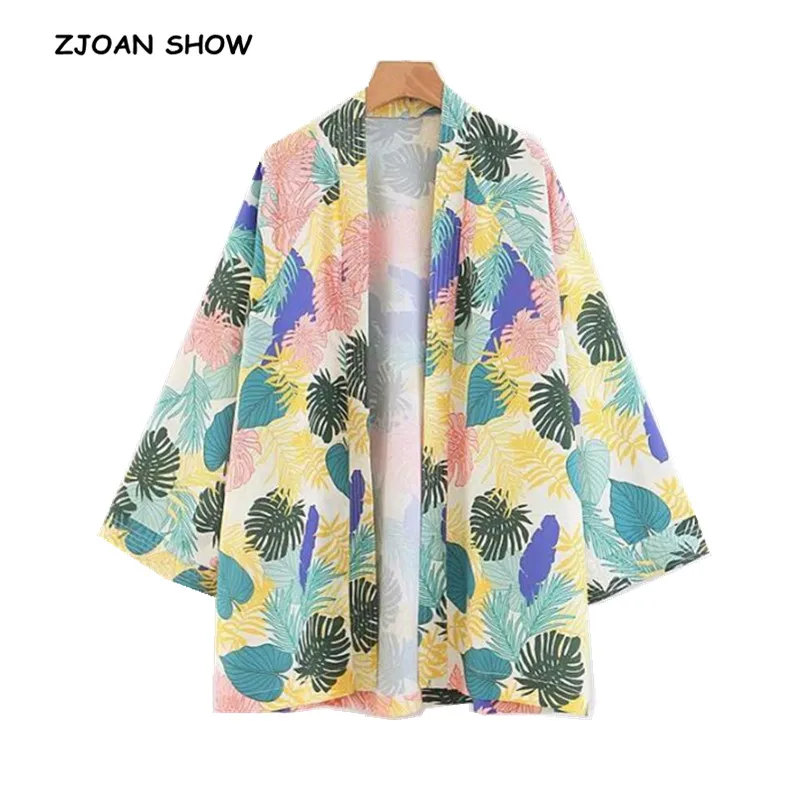 

Retro Tropical Colored Leaves Print Kimono Shirt Women Beach V neck Loose Bat Sleeve Mid Long Shawl Sunscreen Blouse Cardigan