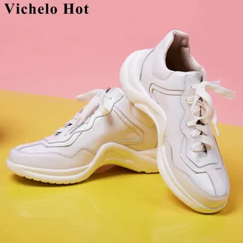 

Vichelo Hot well-ventilated genuine leather thick med bottom round toe lace up white sneakers comfortable vulcanized shoes L11