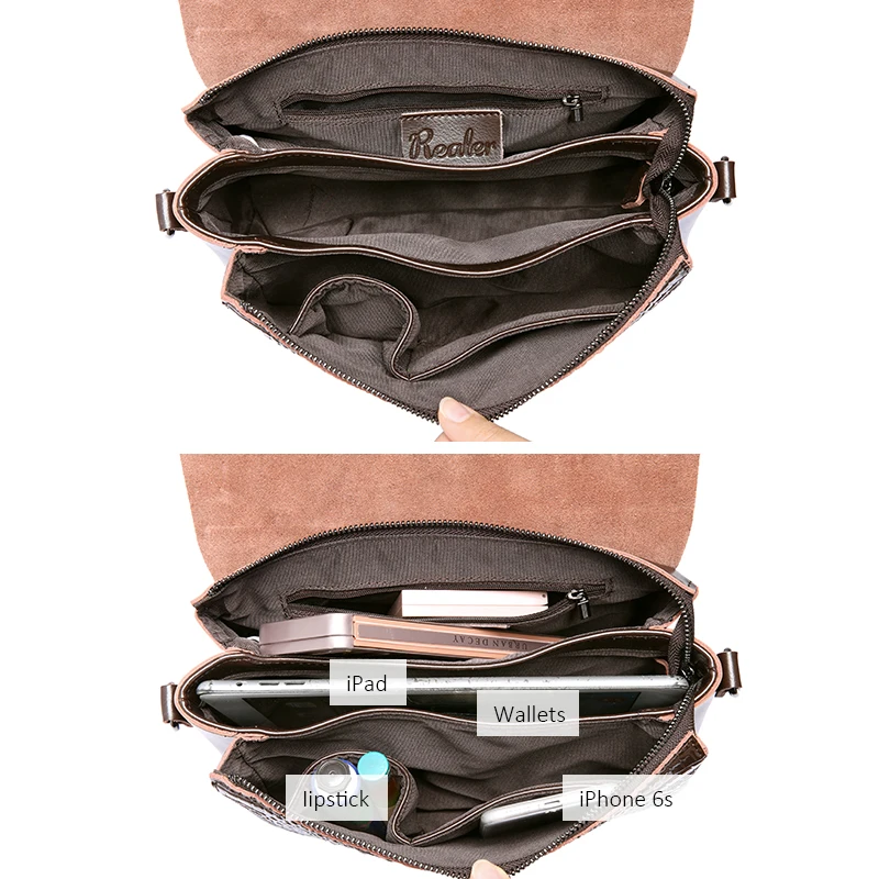  REALER women messenger bags split leather top-handle bags ladies handbags female crocodile print sh