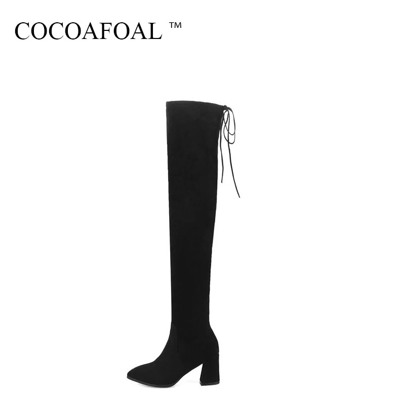 

COCOAFOAL Women's Black Plush Thigh High Boots Sexy Winter Woman High Heel Shoes Fashion Pointed Toe Over The Knee Boots 2018