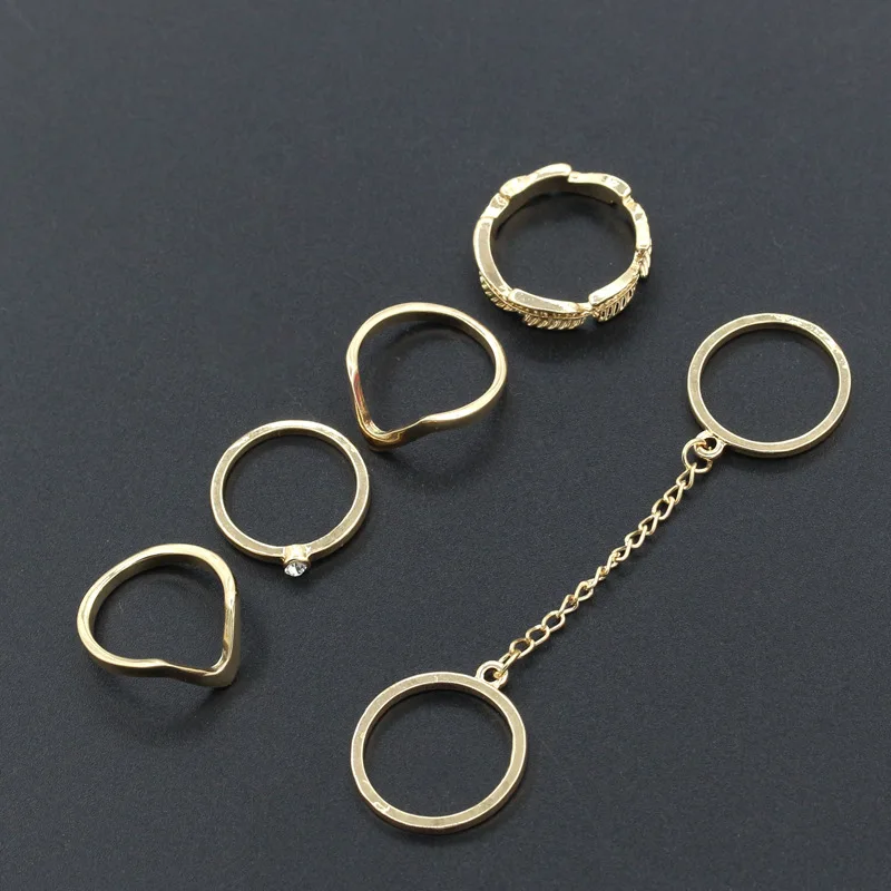 

6 pcs/set Leaf V Shape Chain Connecting Crystal Matching Knuckle Rings Golden Silver Midi Rings for Women