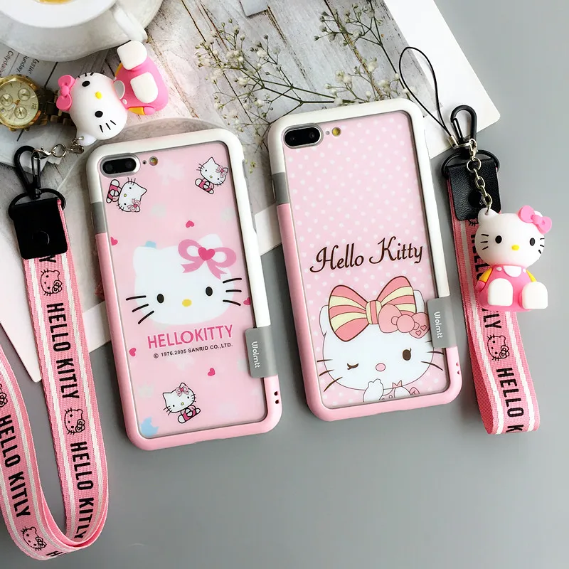 Beste Voor iPhone 8 plus 7 plus soft bumper amp; Hello kitty terug voor Gehard Glas Screen film voor iPhone 7 6 6 s plus 3D houder riem