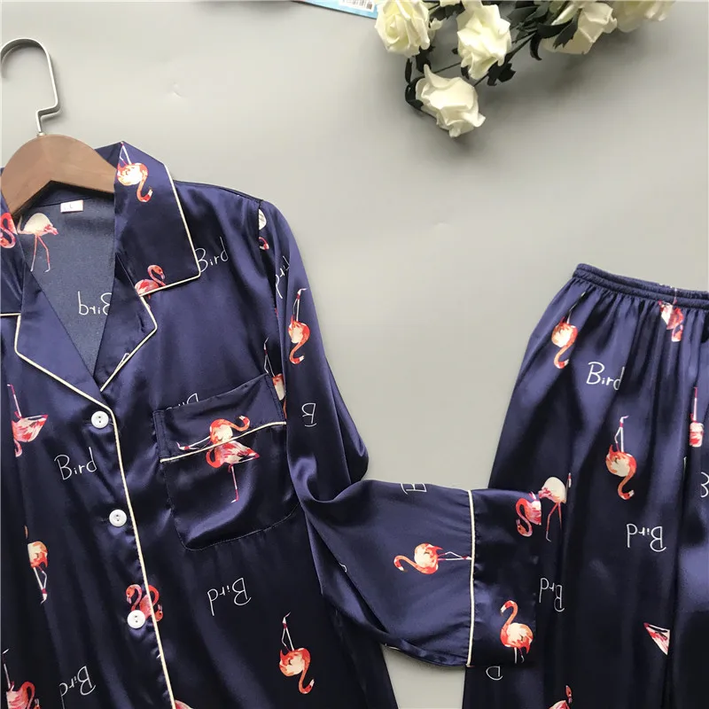 Женская пижама с принтом; Новинка года; сезон весна-осень; пижамный комплект; шелковое ночное белье; Пижама для женщин; женская пижама