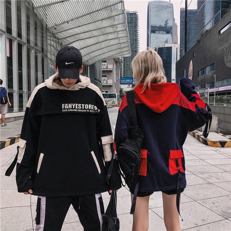 Лента Harajuku Для мужчин с несколькими карманами в стиле "петчворк" с надписями и толстовки с капюшоном, с принтом; толстовки осень Для мужчин хип-хоп Уличная пуловер с капюшоном