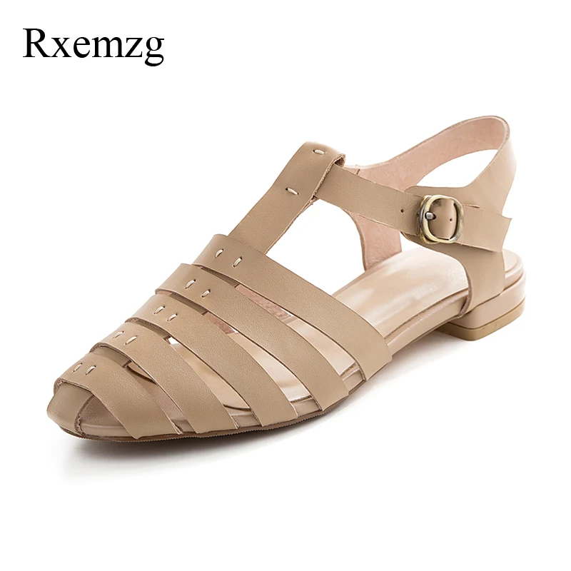 

Rxemzg woman flat sandals leisure low heels real leather sandals women buckle strap gladiator sandals fashion summer shoes woman