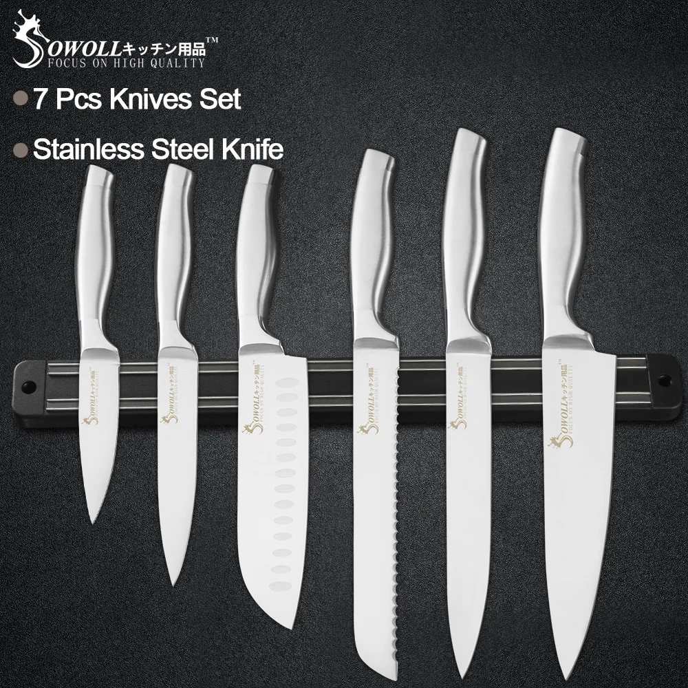 Sowoll 7 шт. Нержавеющая сталь Ножи набор " 7" 5 ''3,5'' изгиб Ручка острое лезвие, поварской нож+ Магнитный Ножи держатель Экономия места