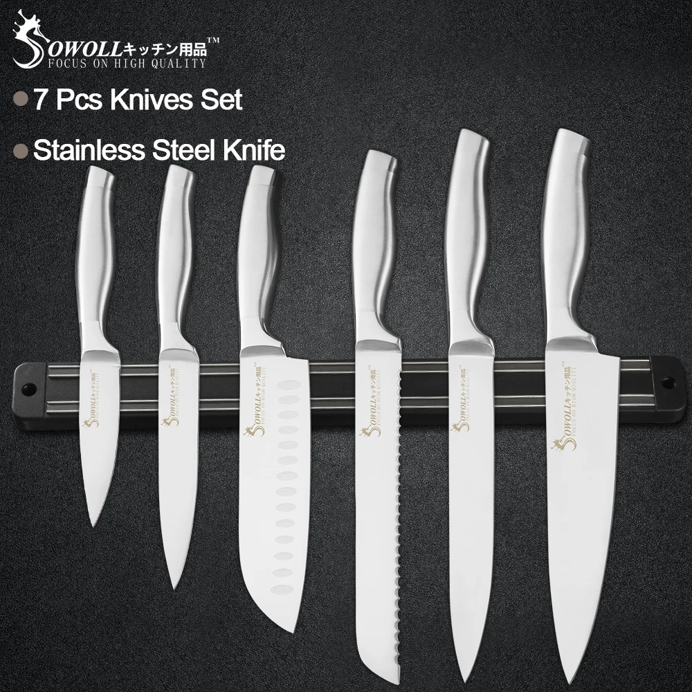 

Sowoll 7pcs Stainless Steel Knife Set 8'' 7'' 5'' 3.5'' Bend Handle Sharp Blade Chef Knife + Magnetic Knife Holder Save Space