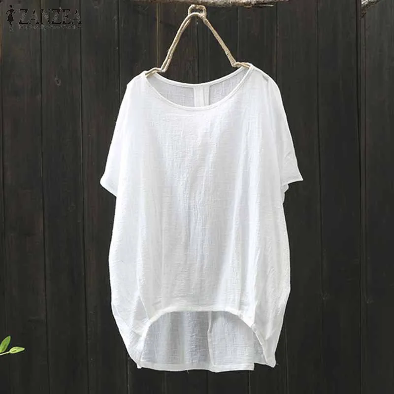 

2019 Summer Fashion ZANZEA Women Solid Short Sleeve Loose Blouse Casual O Neck Cotton Linen Irregular Beach Party Shirt Top Tees