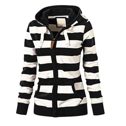 hoodies Women Striped sweatshirt Zipper coat Thicker Tops autumn Hooded Tracksuit Coat Jacket Casual Ladies Slim Jumper moletom