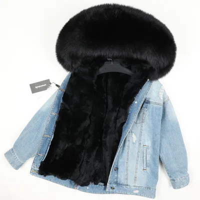 Новинка, Повседневная зимняя куртка, женское джинсовое пальто, с натуральным лисьим мехом, с воротником из лисьего меха, Толстая теплая парка - Цвет: 19 Rabbit fur liner
