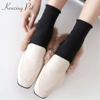 

Krazing Pot 2019 Spring genuine leather rabbit fur slip on women fashion thick low heels square toe keep warm European pumps L23