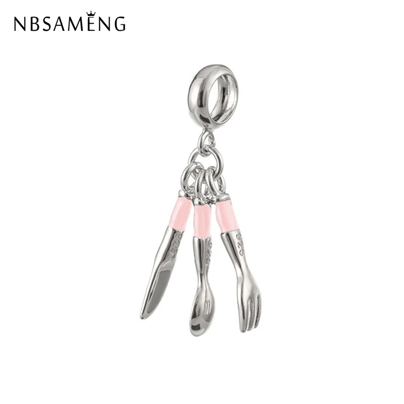 

New Authentic 100% 925 Sterling Silver Bead Charm Spoon Knife Fork Pendant Enamel Charms Fit Pandora Bracelets Women Diy Jewelry