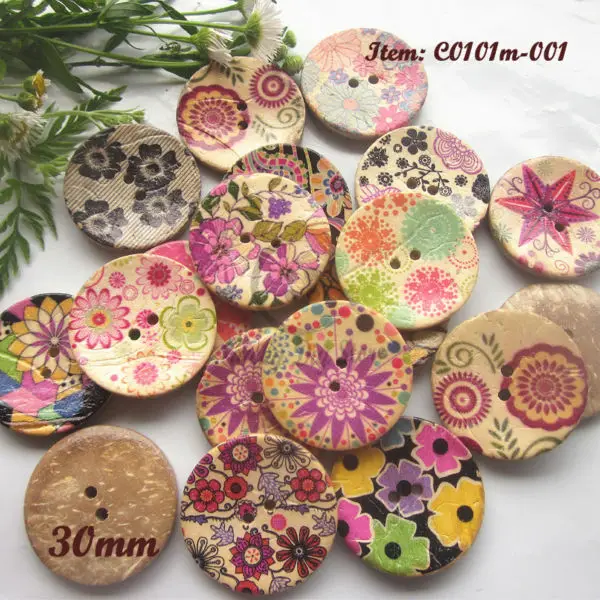 

36pcs 30mm Mixed printing coconut buttons big printing natural buttons for sewing scrapbooking craft decorative accessories