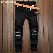 Черные Джинсы Мужчины Дизайн Slim fit Модные Брюки Мужчины Байкер Denim Jean Брюки Вакеро Hombre Masculina Pantalones Хлопок Молнии