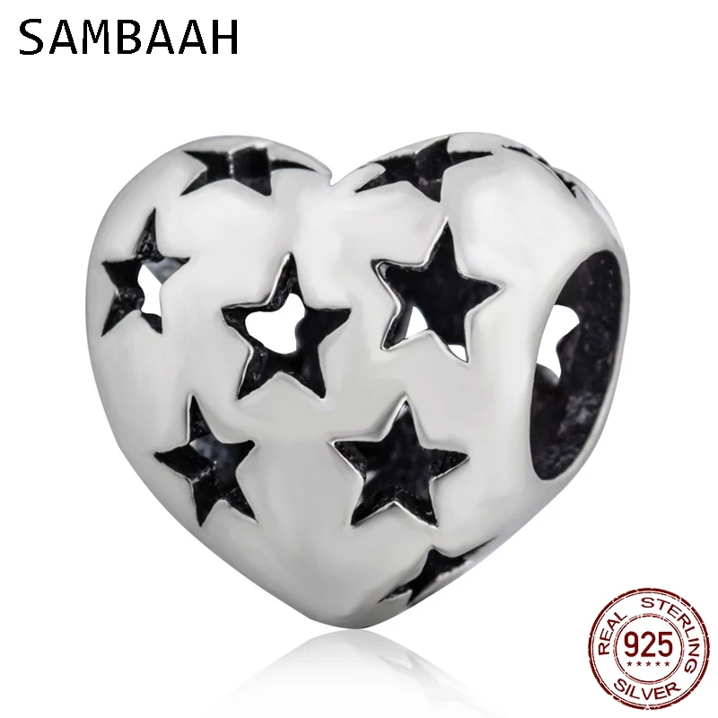 

Sambaah Starry Heart Charm 925 Antique Sterling Silver Star Heart Love Beads fit Pandora Valentine's Day Bracelet SS2986