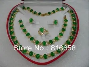 

FREE SHIPPING>>@> Free shipping@@Genuine Set Jewelry green jade necklace bracelet earring Ring + box Natural jewelry