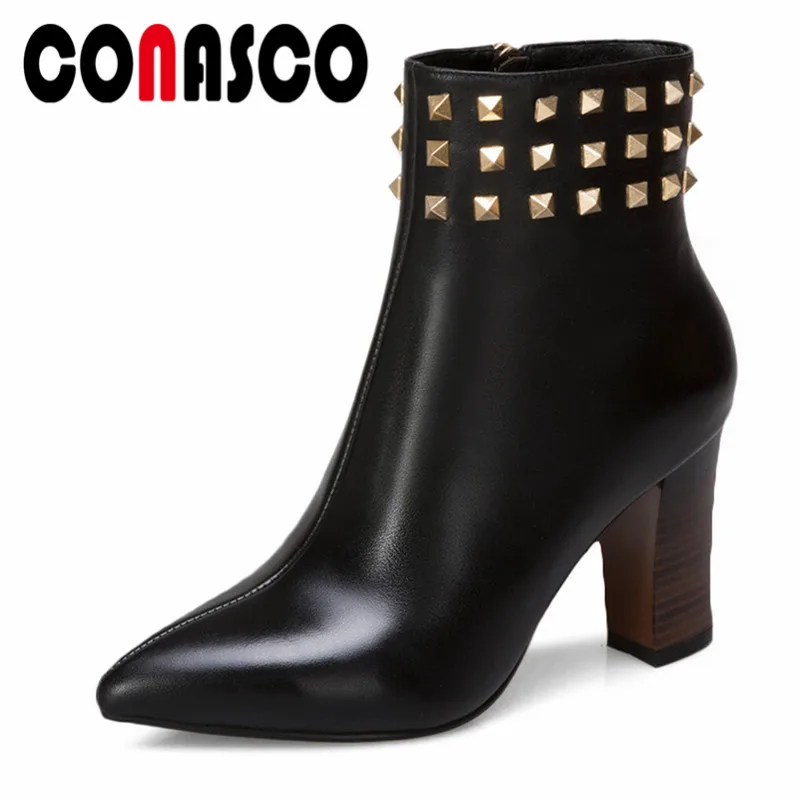 

CONASCO Punk Rivets Genuine Leather Ankle Boots High Heels Zipper Dancing Shoes Woman New Brand Short Basic Motorcycle Boots