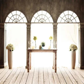 

Wedding Background for Photography Arch Doors Stone Pillars Printed Desk Flowers Vintage Photo Studio Backdrops Wooden Floor