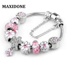 Браслеты Vogue Романтические Розовые эмалевые бусины в форме цветов Ziron подвески из муранского стекла бусины Европейский дизайн Браслеты Для женщин Подарки 16-22 см