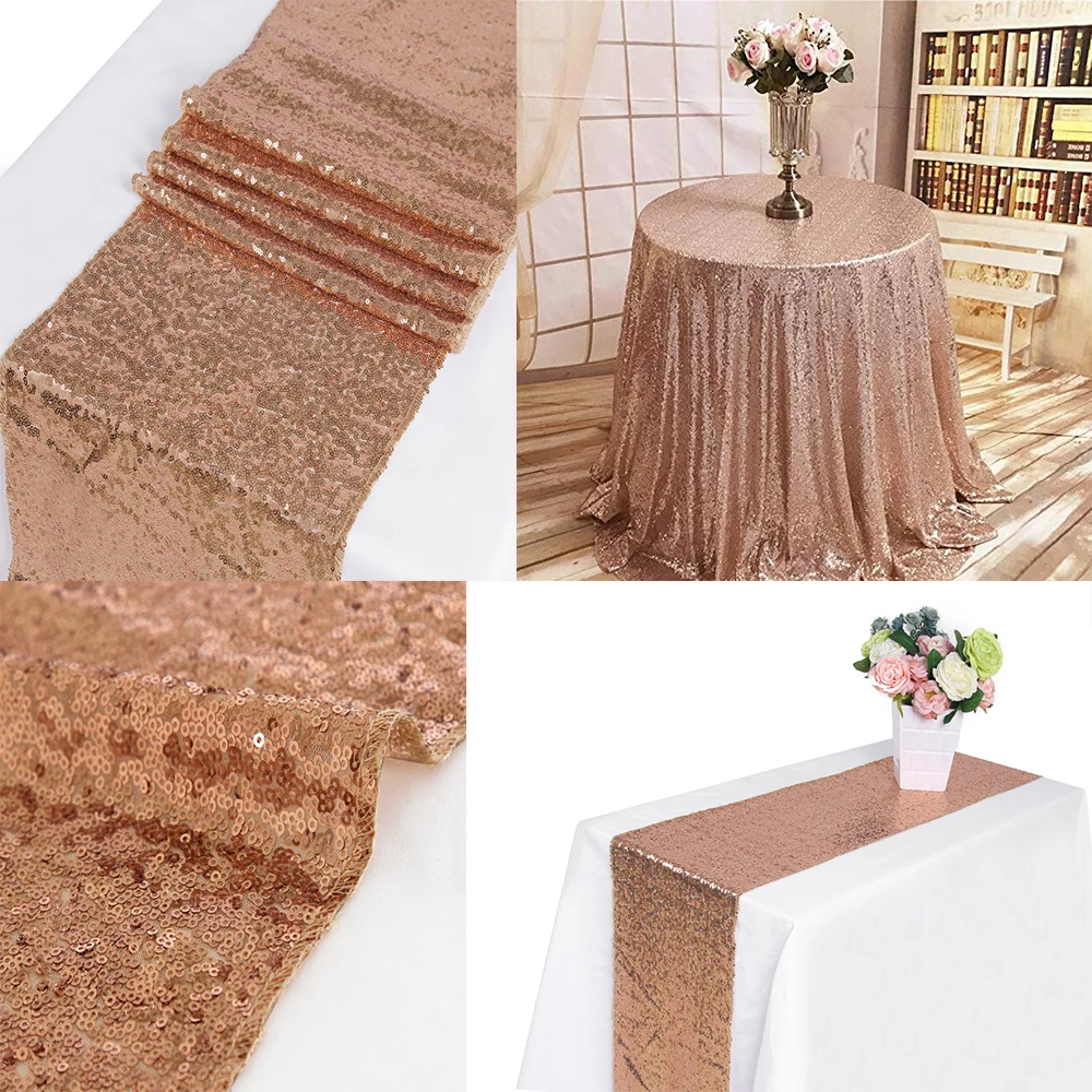 

10pcs/lot 30x275cm Luxury Champagne Sequin Table Runner Wedding Party Table Decoration Solid Color Table Runners rose weddings