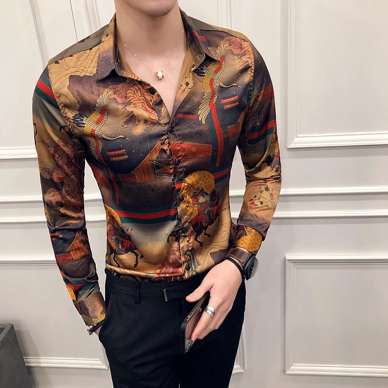 Designer Print Shirt Men Long Sleeve 