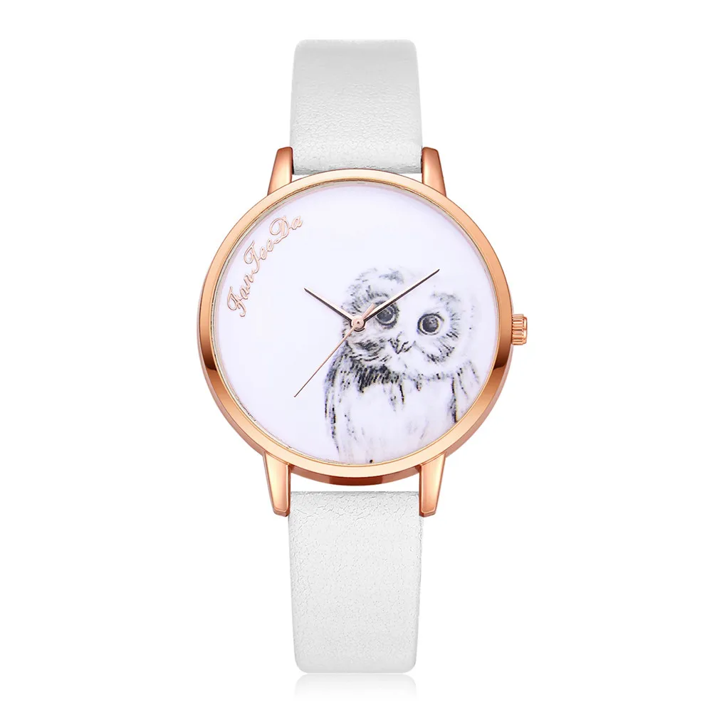 FanTeeDa, новинка, милые Мультяшные часы с рисунком совы, с циферблатом, для девушек, кожаный сплав, аналоговые женские кварцевые наручные часы, relogio feminino 30Q - Цвет: White