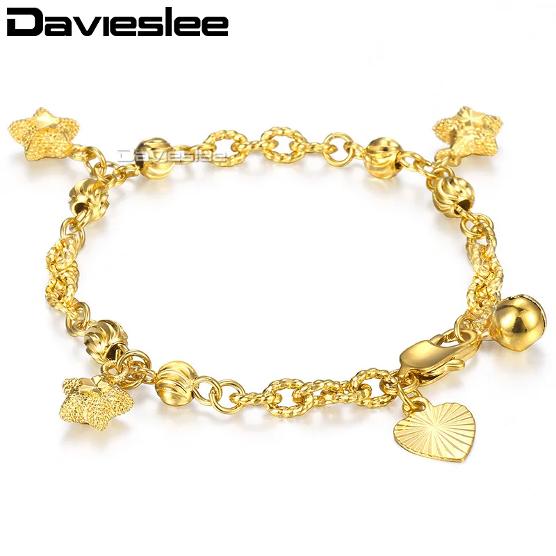 

Davieslee Kids Bracelets Yellow Gold Rope Cable Rolo Chain Bangle Heart Star Bell Charm Bracelet For Baby Jewelry 4.5mm LGB448
