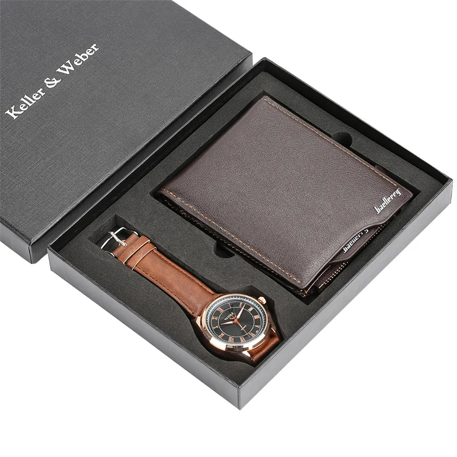 Business Men Brown Leather Wallet + Luxury Wristwatch Quartz Watch Gifts Set for Father Boyfriend Birthday Gift reloj masculino