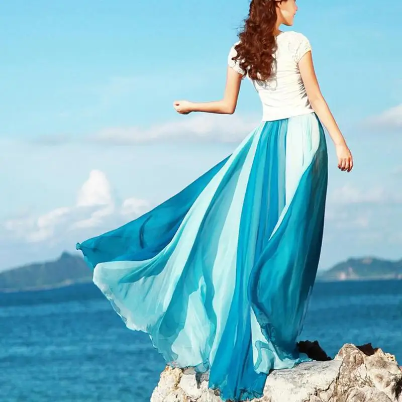 

Dual color patchwork long skirt maxi skirts women soft chiffon skirt elastic waist beach long Skirt