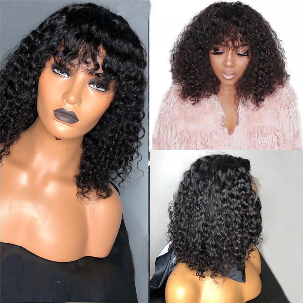  SimBeauty Curly Lace Front Wig With Bangs Short Bob Human Hair Wigs Brazilian Remy Fringe Wig Pre P