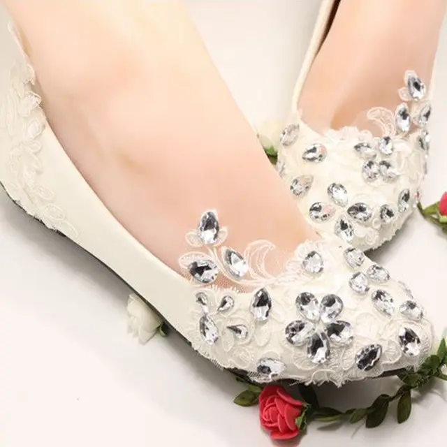 Lace Crystal Silver Rhinestones Wedding Flats Shoes Woman Lace Crystal Silver Rhinestones Wedding Flats Shoes Woman Handmade Bridal Flat Heel Shoe