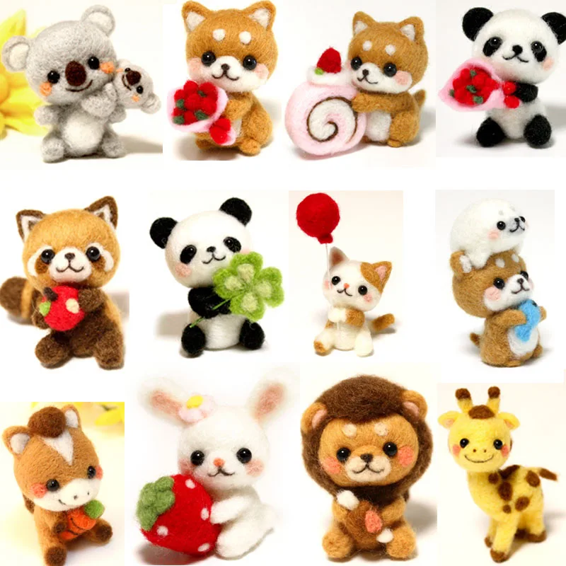 

1 set wool for Felt DIY Package panda, cats, dogs, rabbit,deer,lion, stamps needle felting, Shiba Inu Set animals