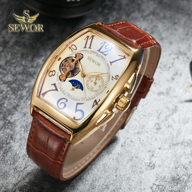 SEWOR люксовый бренд для мужчин s Symphony glass Mirror Tourbillion механические Автоматические часы для мужчин Moon Phase модные спортивные часы C342